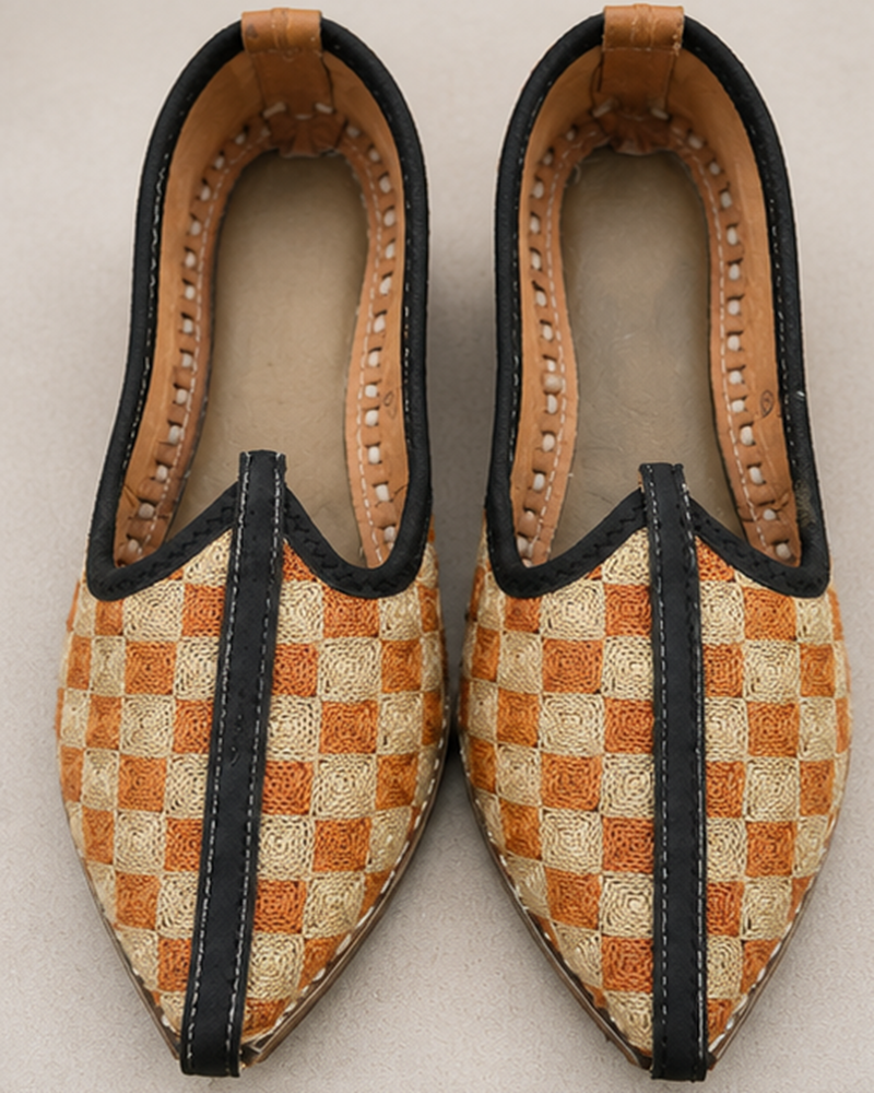 Orange Ivory Checkered Handwoven Jodhpuri Mojari
