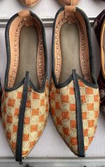 Orange Ivory Checkered Handwoven Jodhpuri Mojari - Image 8