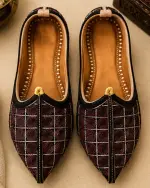 Wine Royal Grid Embroidered Ethnic Jodhpuri Mojari & Rajasthani Shoes For Men