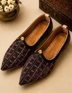 Wine Royal Grid Embroidered Ethnic Jodhpuri Mojari & Rajasthani Shoes For Men - Image 5