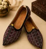 Wine Royal Grid Embroidered Ethnic Jodhpuri Mojari & Rajasthani Shoes For Men - Image 4